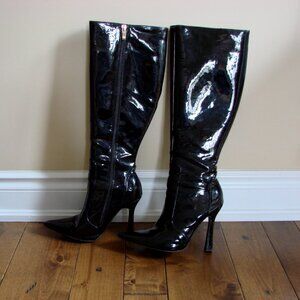 Aldo Black Pantent Leather Knee High Stiletto Boots Pointy Toe Size UK 5 US  7.5